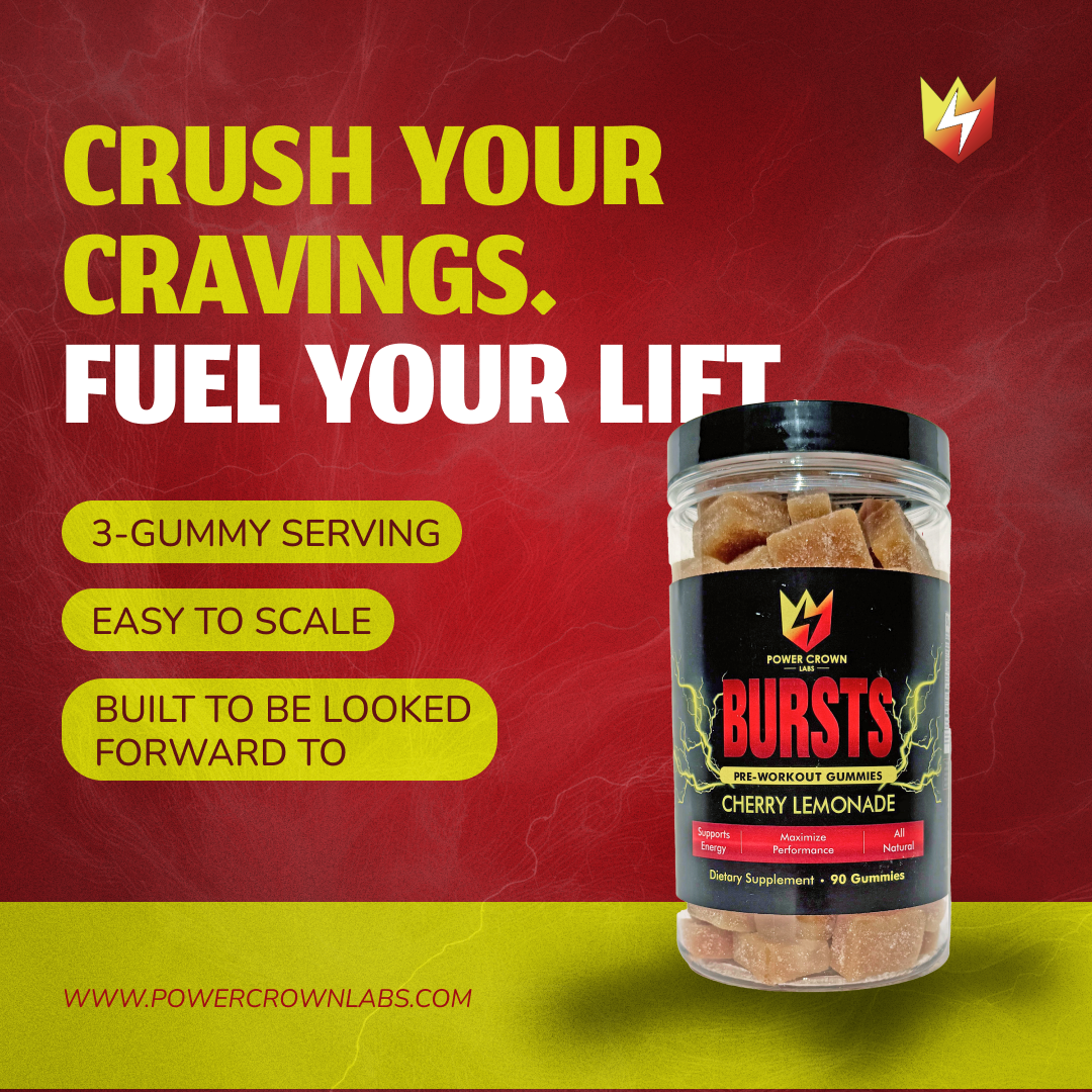 Advertisement for Power Crown Labs Bursts gummy supplement with text on a red and yellow background.