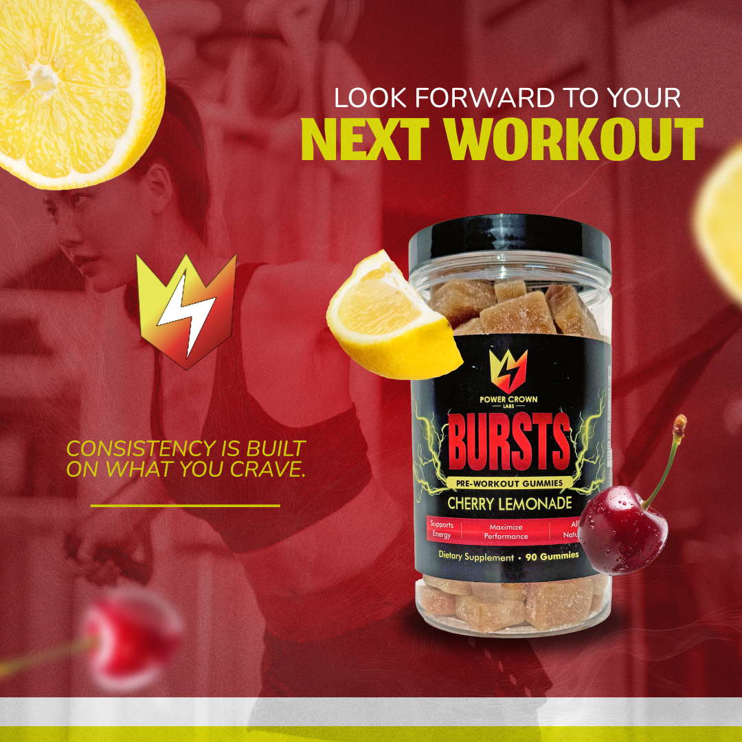 Bursts pre-workout gummies container with cherry and lemon elements on a red background