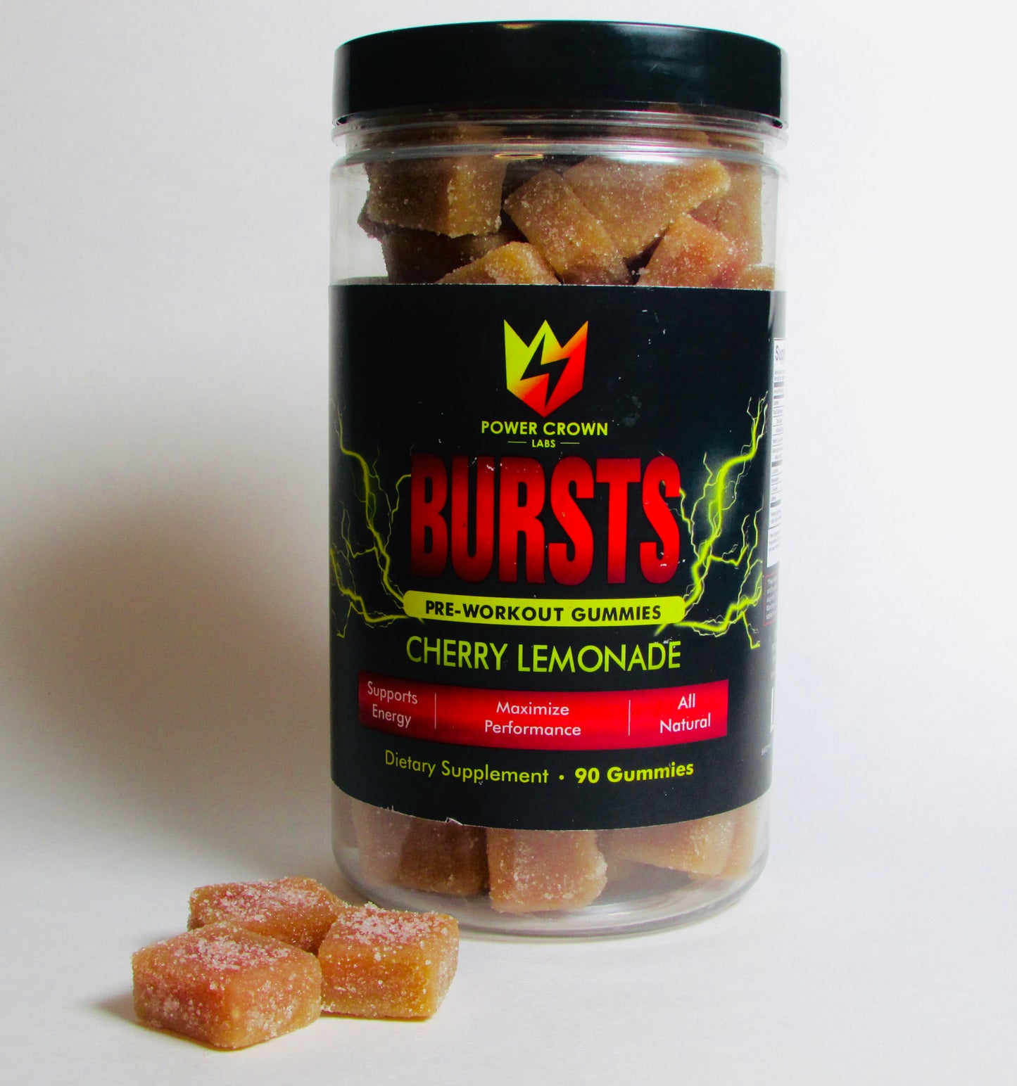 Jar of Power Crown Bursts pre-workout gummies with cherry lemonade flavor on a white background