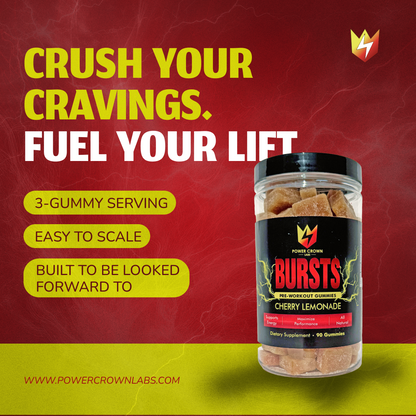 Advertisement for Power Crown Labs Bursts gummy supplement with text on a red and yellow background.