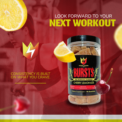 Bursts pre-workout gummies container with cherry and lemon elements on a red background
